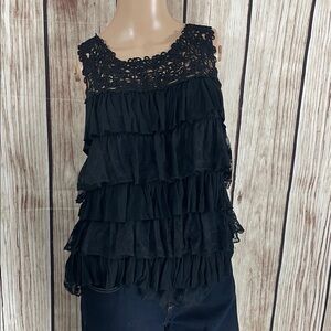 *LaSeine Elegant Black Layered Ruffle Lace Blouse